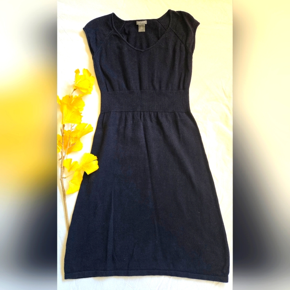 Ann Taylor Navy Blue Cap Sleeve Midi 100% Cotton Sweater Dress Size XS